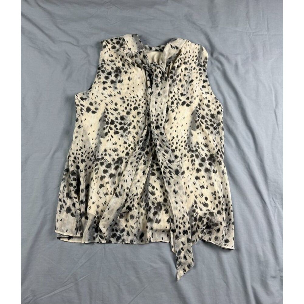 Sioni Women's Tie Neck Leopard Print Blouse Size L Cream Black Sleeveless